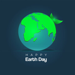 Design for postcard, poster, banner for Earth Day. View of the Earth's continents from space. Two green leaves on the background of the planet. Happy Earth Day inscription. Dark blue background