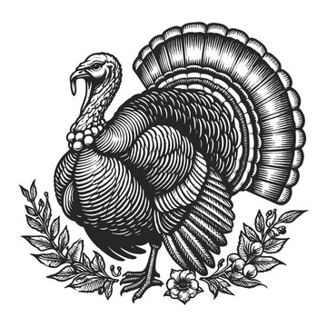 turkey farm bird in a vintage style sketch engraving generative ai raster illustration. Scratch board imitation. Black and white image.