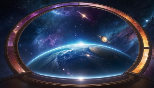 A spaceship's viewport reveals a breathtaking view of Earth and space, symbolizing exploration and discovery.