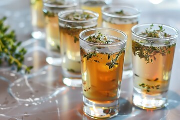 crystalclear consomm served with herb garnish
