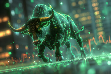 Stock market bull trading up. Symbolizing rising stock market, green colored. Concept of wall street business, bull market trader, crypto currency trading. 
 - obrazy, fototapety, plakaty