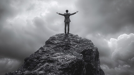 Silhouette of a person standing on a mountain peak with arms raised against a dramatic cloudy sky in black and white. - Powered by Adobe