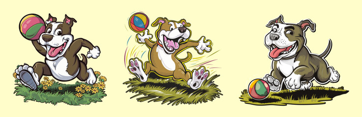 Obraz na płótnie Canvas Set of playful pitbull mascots chasing a ball with exuberant energy, mascot vector illustration. Generative AI.