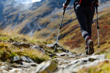 hiker with trekking poles walking a rugged mountain trail - obrazy, fototapety, plakaty