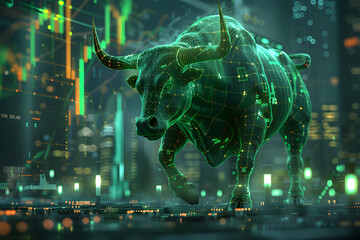 Stock market bull trading up. Symbolizing rising stock market, green colored. Concept of wall street business, bull market trader, crypto currency trading. 
