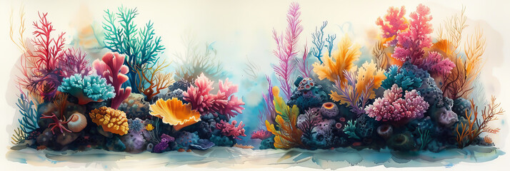 Underwater coral reef, clipcat details, warm watercolors, fish-eye lens view - obrazy, fototapety, plakaty