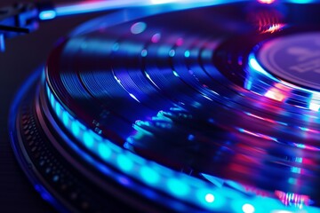 closeup of neonlit record with label details clear
