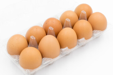 Close-up view of raw chicken eggs, chicken egg isolated on white background, Raw eggs on white background