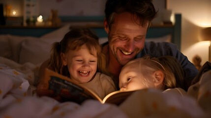 Father Reading Bedtime Stories to His Delighted Children in Warm Lighting