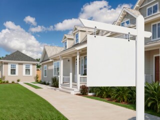 Blank Real estate sign mockup and beautiful development in the background on a sunny day. AI generative