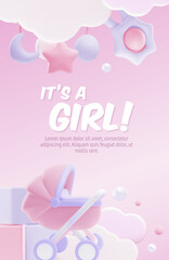 Baby shower with lettering It's a girl 3d style banner, cute vector cartoon pink design, newborn care accessories, toys