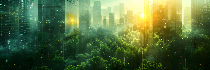 Obraz na płótnie Canvas Green design trigonometry linear, green city,double exposure of lush green forest and modern skyscrapers windows 3d image wallpaper