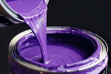 closeup of a paint cans spout while pouring violet paint