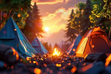 3D summer camp scene, vibrant colors, closeup on tents and campfire, golden hour lighting - obrazy, fototapety, plakaty