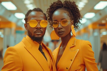 full length photo. In a busy airport terminal, afro american couple in a stylish suits with luggages - obrazy, fototapety, plakaty
