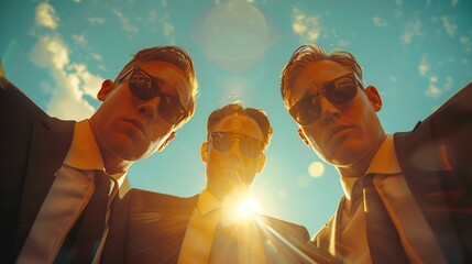 low angle medium shot. Matrix Style. A group of Agents with matching suits and sunglasses face aggressively towards camera, each agent coming from a different side of the frame - obrazy, fototapety, plakaty