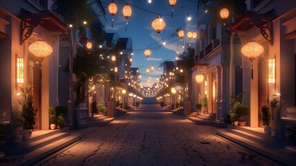 Festive ambiance created by lantern lights in streets and neighborhoods ai image - obrazy, fototapety, plakaty