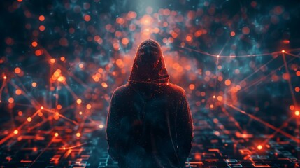 Anonymous Hacker in the Midst of a Luminous Data Network: A Stark Reminder of Cybersecurity Threats, Cybercrime, and Cyberattacks - obrazy, fototapety, plakaty