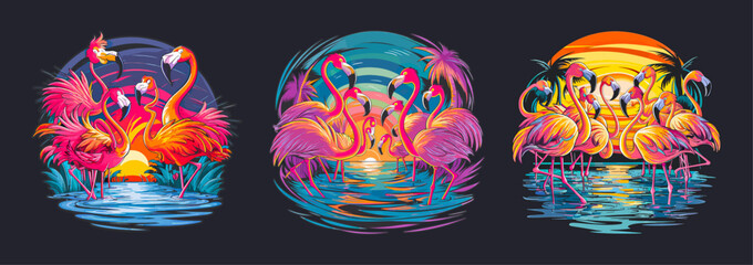 Flamingos in the sunset with palm trees and sunset background. Generative AI.