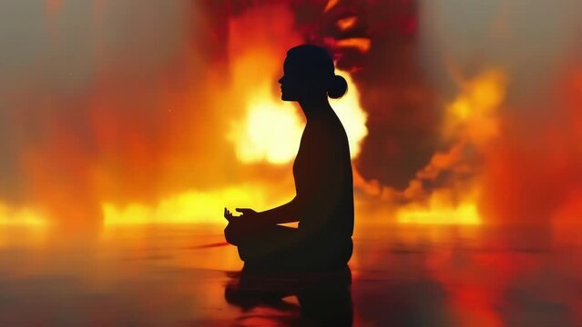 A figure sitting in meditation with colorful beams of light radiating from their head signifying the awakening of their innermost desires and potentials.