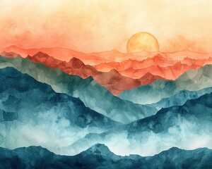8K serene watercolor, mountain range with earthy tones and gradient sky, vast and peaceful