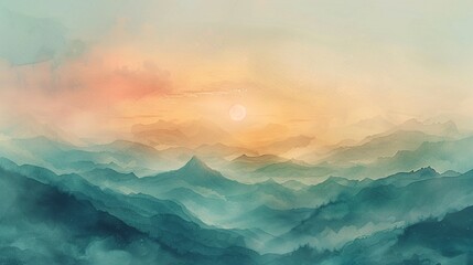8K watercolor, mountain range under gradient sky, earthy tones, serene and vast panorama - obrazy, fototapety, plakaty