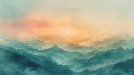 Foto op Canvas 8K watercolor, mountain range under gradient sky, earthy tones, serene and vast panorama © Thanadol