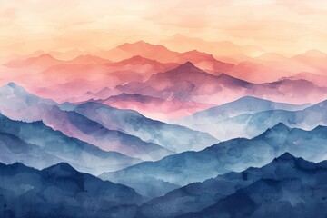 Watercolor mountain range, 8K, gradient sky in earthy tones, tranquil and harmonious scene