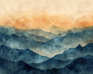 Mountain range in watercolor, 8K, earthy tones and gradient sky, tranquil and expansive landscape - obrazy, fototapety, plakaty