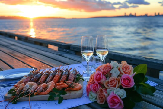 sunset dinner on a pier with a seafood platter, wine glasses, and a bouquet of roses