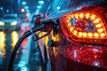 Car getting fueled up on a gas station close up shot - obrazy, fototapety, plakaty