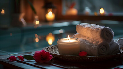Luxury aromatherapy spa treatment with scented candle flame, AI Generative.