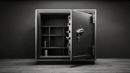 An empty open safe, black and white photo