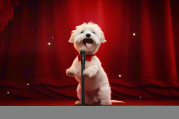 A cute little dog with a heart-melting expression, standing on its hind legs, singing a delightful tune with a tiny microphone in its paw. The scene unfolds against a dynamic red backdrop,