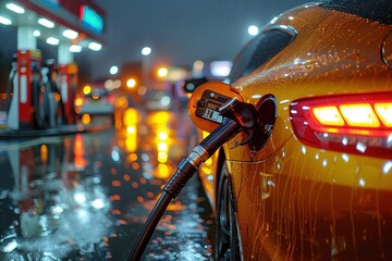 Car getting fueled up on a gas station close up shot - obrazy, fototapety, plakaty