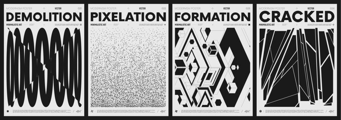 Modern abstract poster collection, vector minimalist posters with geometric shapes in black and white, brutalist style inspired graphics, bold aesthetic, shape distortion effect set 6 - 773095173