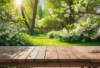Naklejka premium Garden Glory: Spring Background with Lush Foliage and Wooden Table