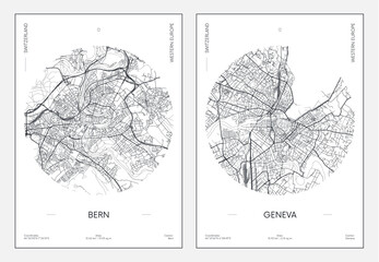 Travel poster, urban street plan city map Bern and Geneva, vector illustration