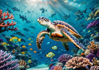 Fototapeta na wymiar wallpaper, representing a sea turtle, evolving in the depths of the ocean, alongside coral reefs and multicolored fish. Co