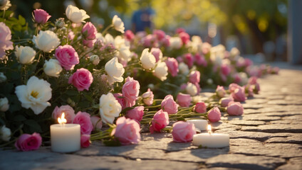 Obraz na płótnie Canvas Flowers and candles. Spontaneous memorial