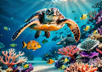 wallpaper, representing a sea turtle, evolving in the depths of the ocean, alongside coral reefs and multicolored fish.
Co