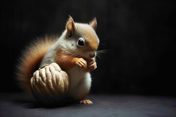 A cute baby squirrel nibbling on an acorn with its tiny paws against a dark, textured background.