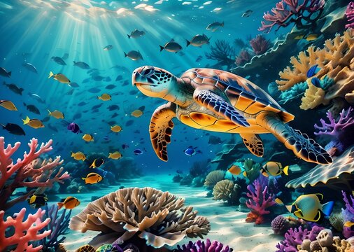 wallpaper, representing a sea turtle, evolving in the depths of the ocean, alongside coral reefs and multicolored fish.
Co