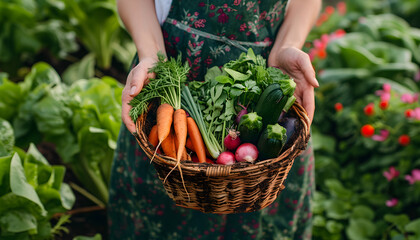 Fototapeta premium A farmer holds a basket of his fresh harvest in his hands
