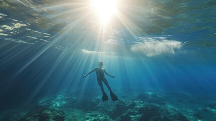 Freediver Swimming in Deep Sea With Sunrays. Young Man Diver Eploring Sea Life. AI-generated - obrazy, fototapety, plakaty