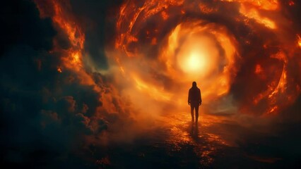 A scifi movie scene in which a character is able to travel between different dimensions via a swirling vortex showcasing the multiverse concept.