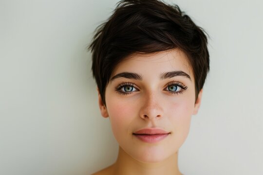 Close-up portrait of a young woman showcasing her stylish pixie haircut against a neutral background