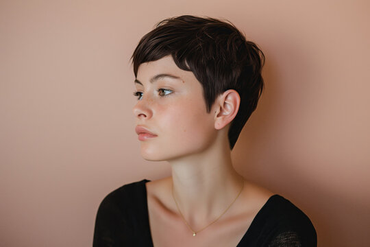 Profile view of a young woman showcasing her stylish pixie cut against a soft pink background