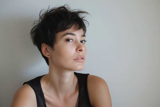 Portrait of a young woman showcasing a modern pixie haircut against a neutral background