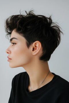 Profile of a woman sporting a stylish textured pixie cut on a neutral background